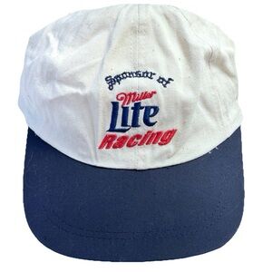 Vintage Miller Lite Racing Baseball Cap Hat White Navy Blue 100% Cotton Beer Car